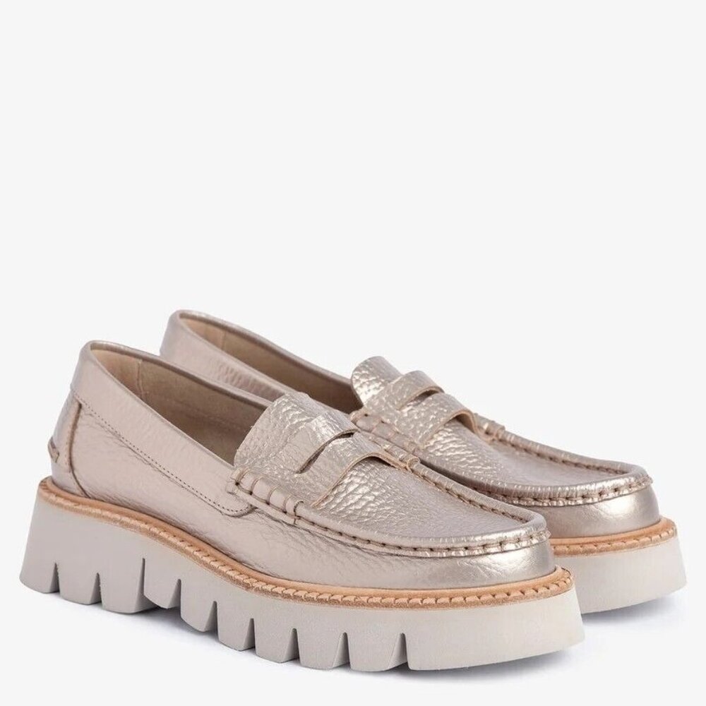 $650 Pedro Garcia Sebas Lug Penny Loafer CHUNKY WHITE GOLD CERVO LAME 40.5 (DC6)